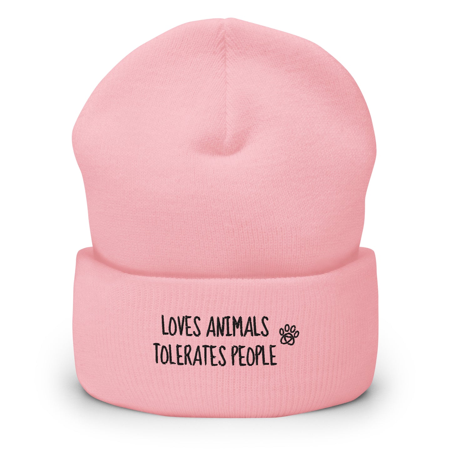 Pink cuffed beanie with black loves animals tolerates people embroidery