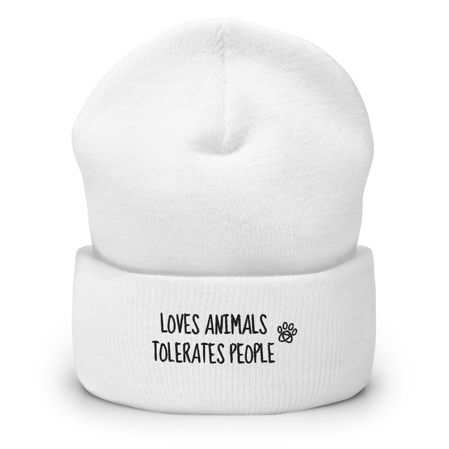 White cuffed beanie with black loves animals tolerates people embroidery