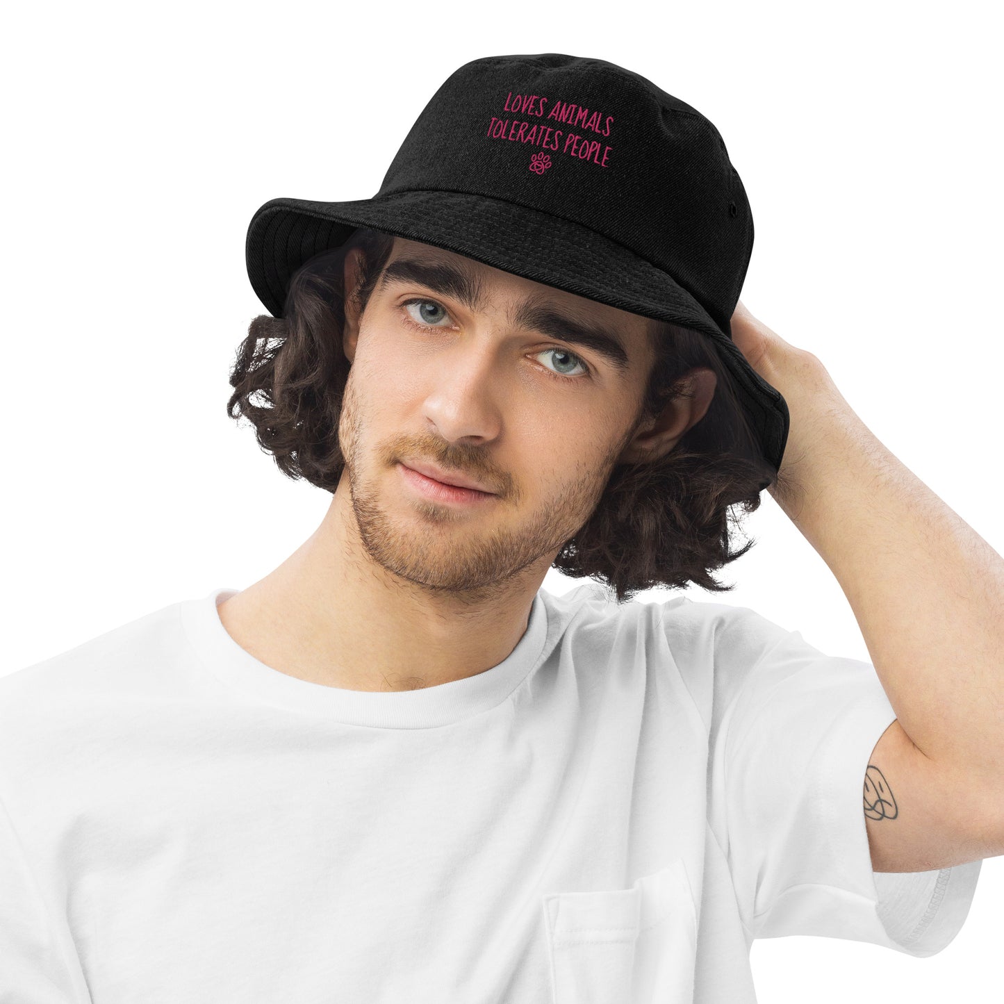 Loves Animals Tolerates People Unisex Denim Bucket Hat (pink)