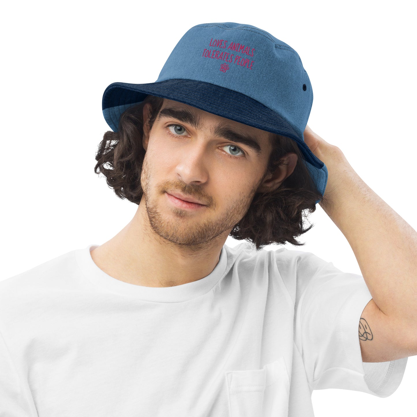 Loves Animals Tolerates People Unisex Denim Bucket Hat (pink)