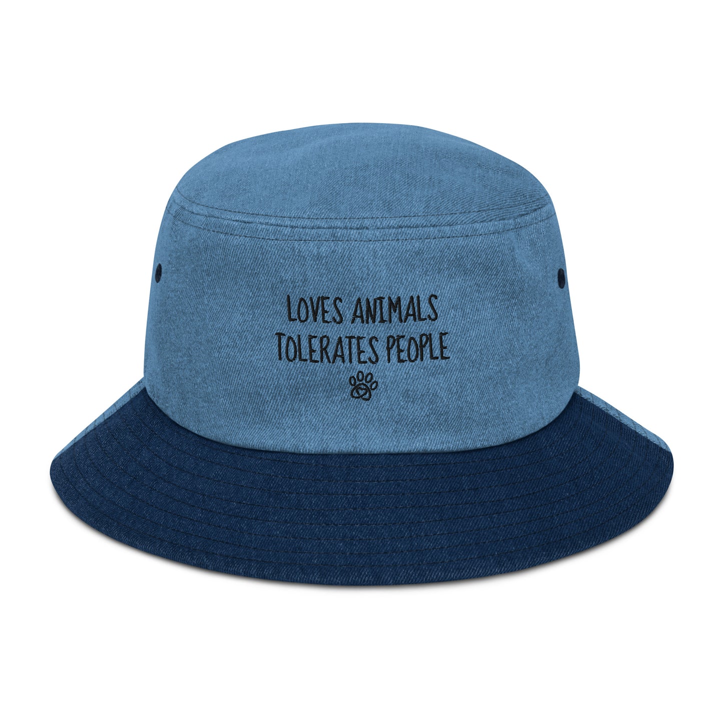 Loves Animals Tolerates People Unisex Denim Bucket Hat (black)