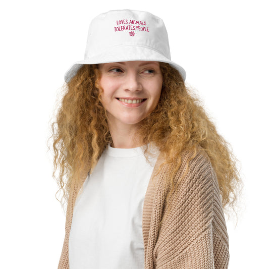 Loves Animals Tolerates People Unisex Organic Bucket Hat (pink)