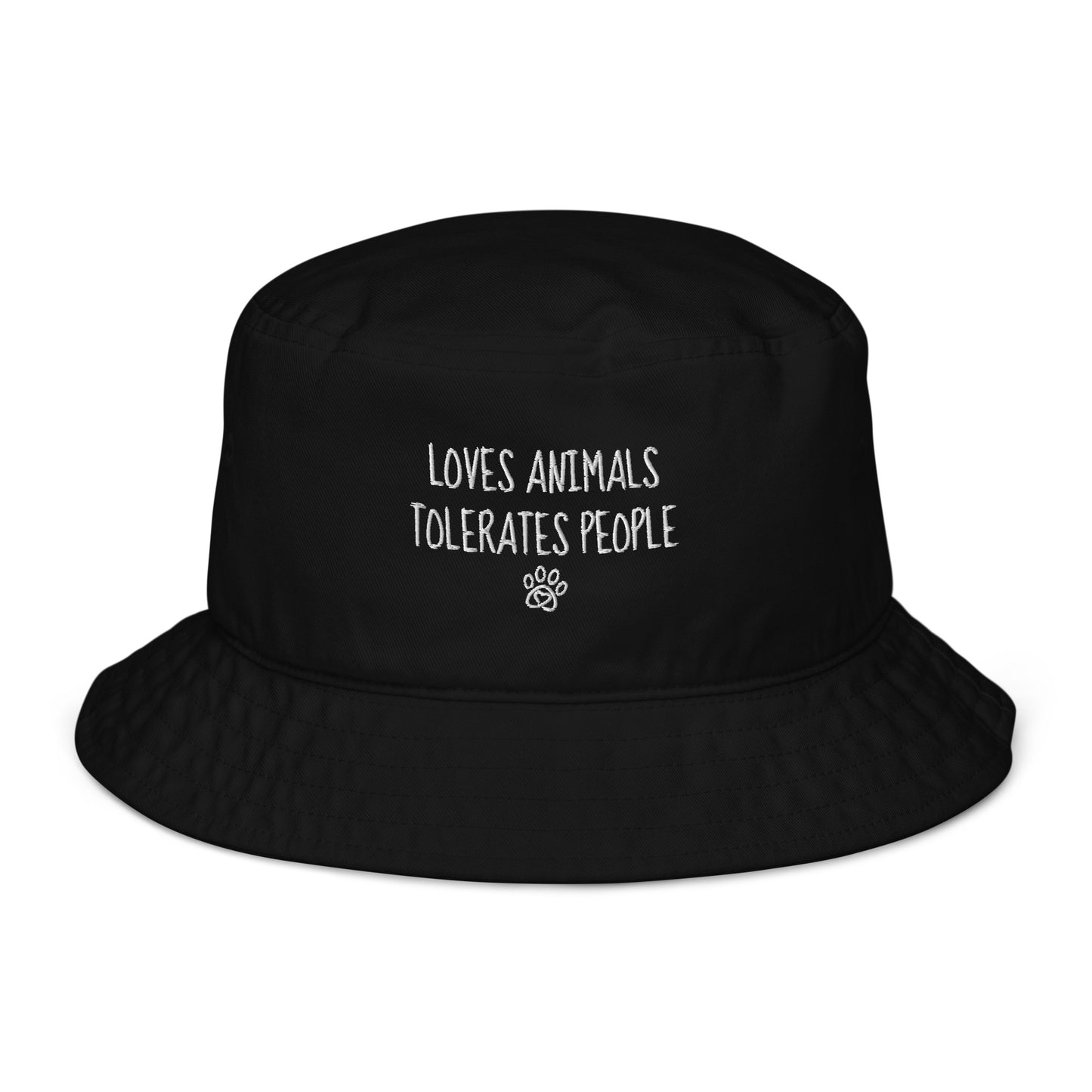 Loves Animals Tolerates People Unisex Organic Bucket Hat (white)