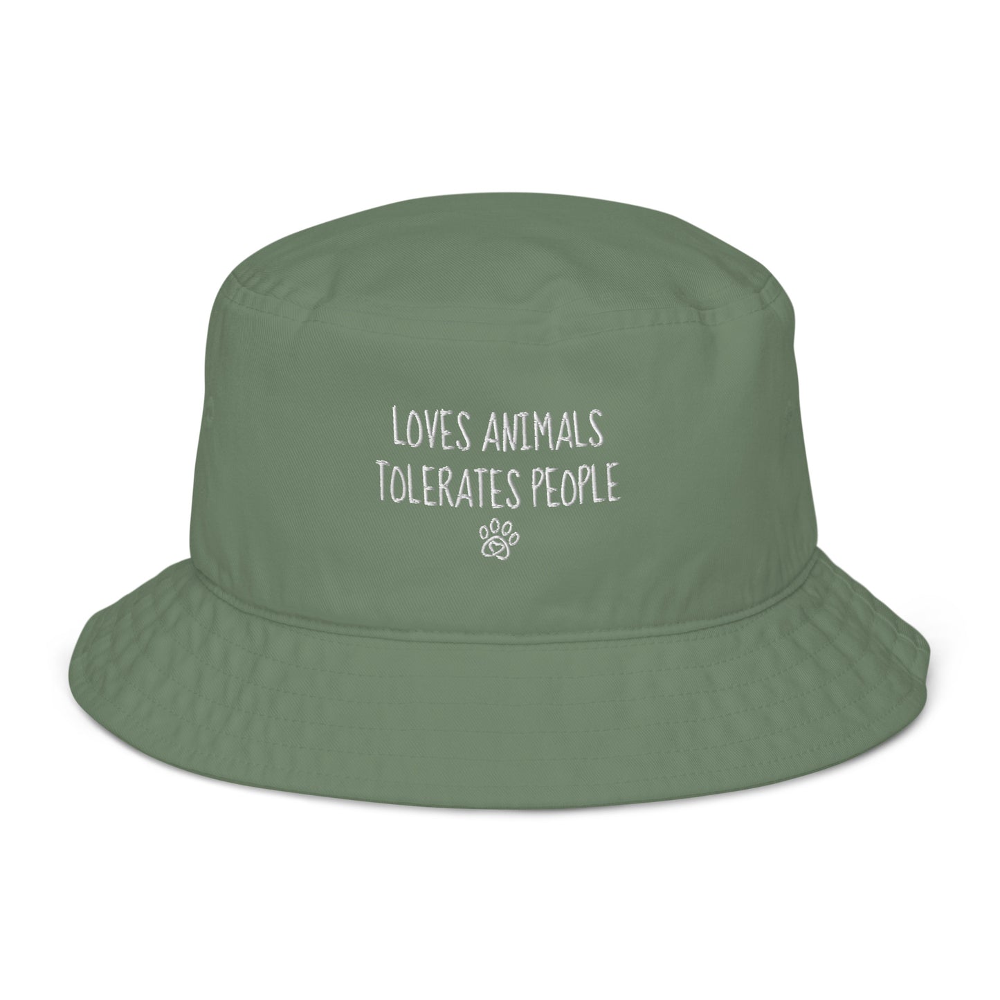 Loves Animals Tolerates People Unisex Organic Bucket Hat (white)