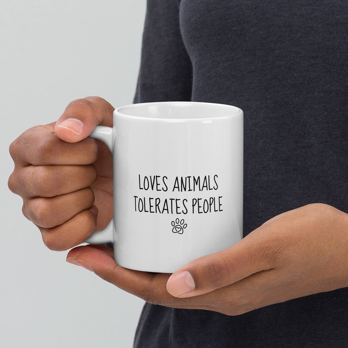 Loves Animals Tolerates People Right-Handed White Mug