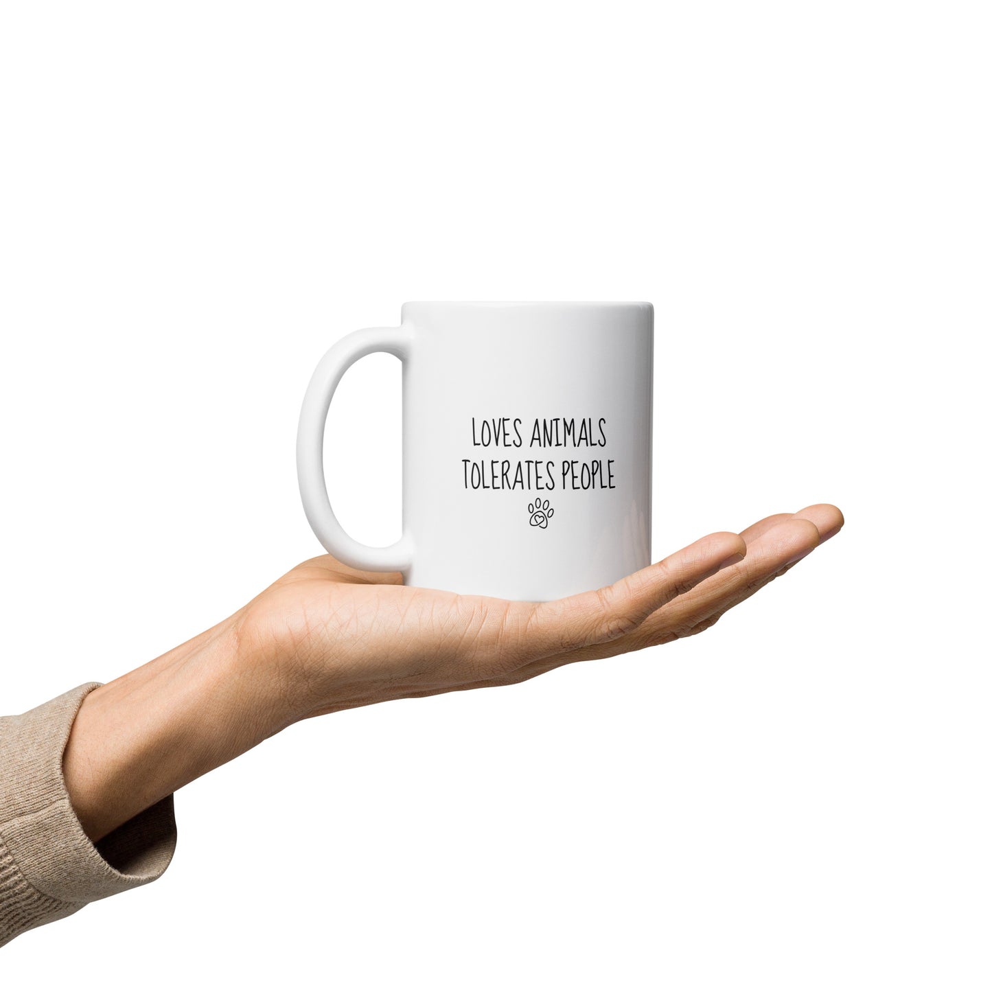 Loves Animals Tolerates People Right-Handed White Mug