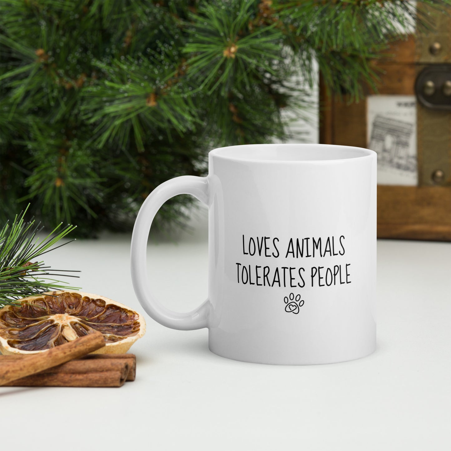 Loves Animals Tolerates People Right-Handed White Mug