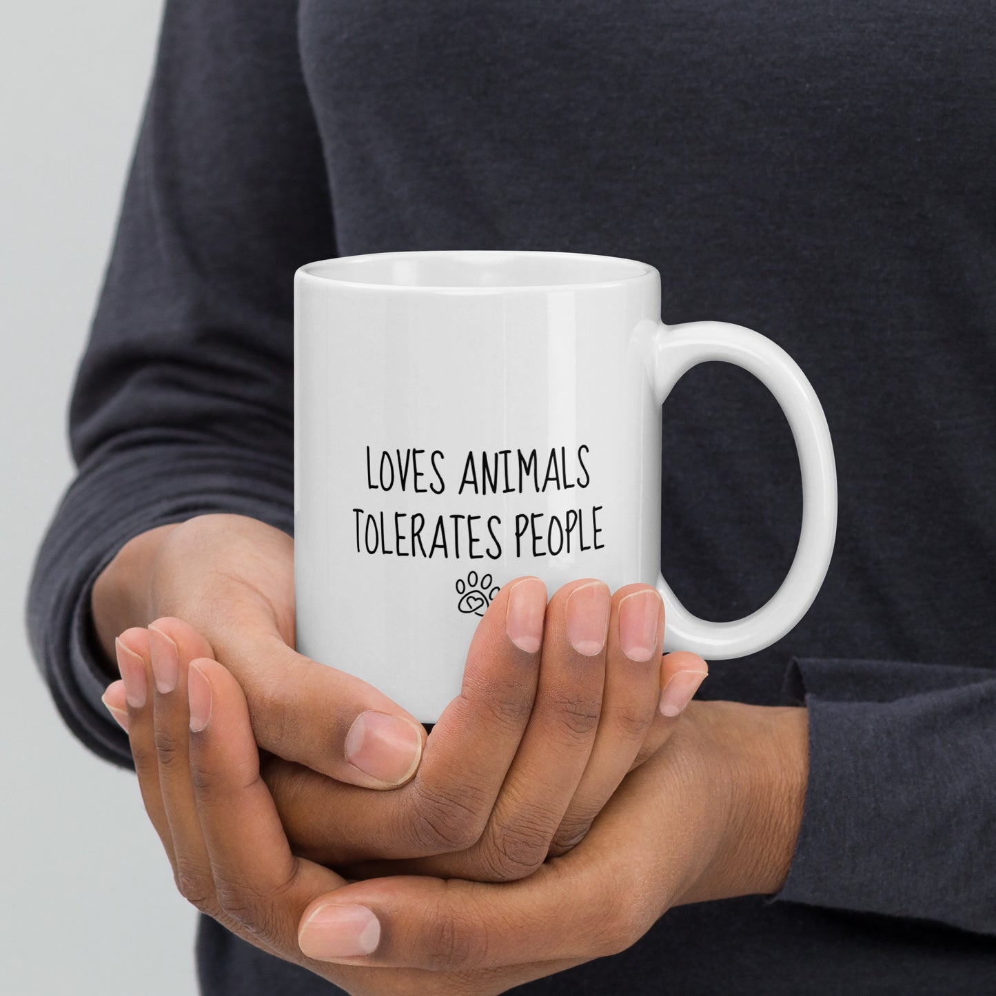 Loves Animals Tolerates People Left-Handed White Mug