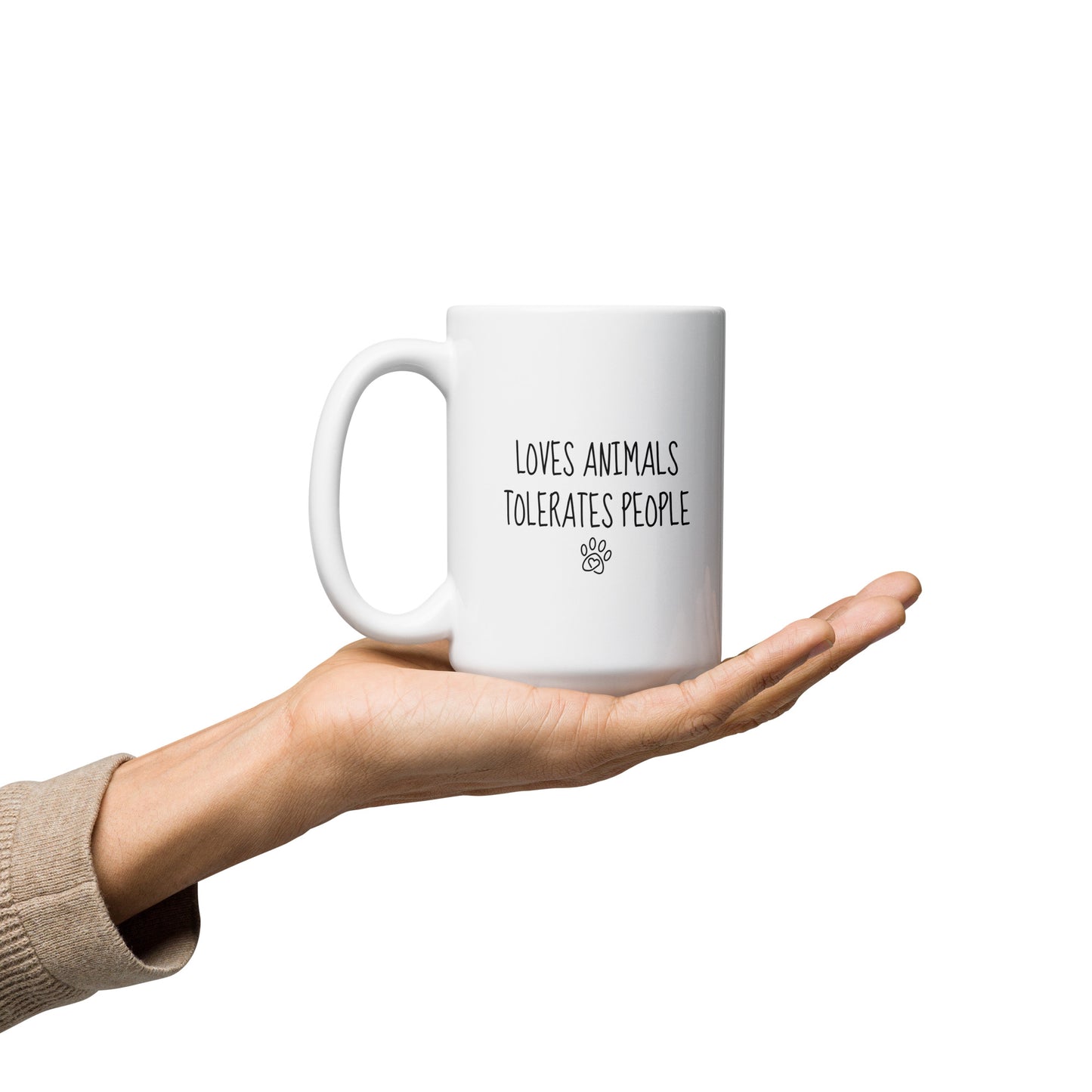 Loves Animals Tolerates People Right-Handed White Mug