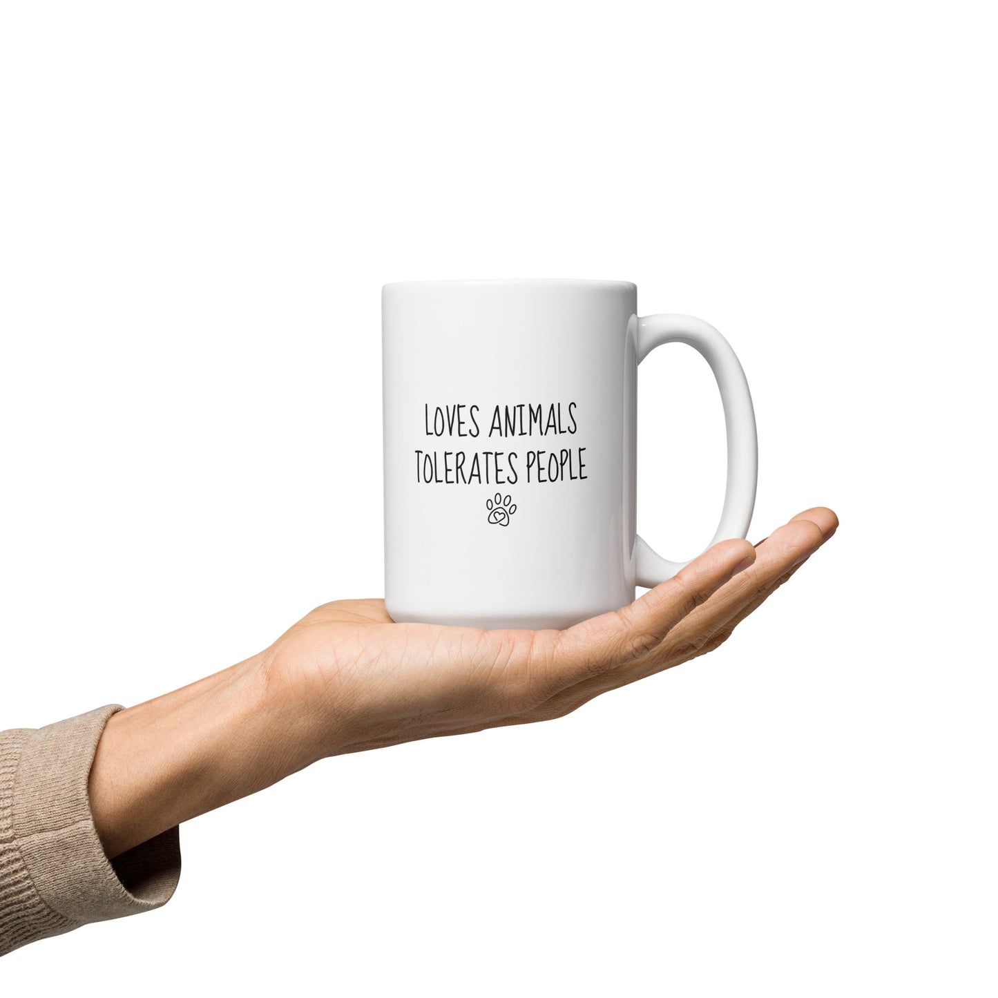 Loves Animals Tolerates People Left-Handed White Mug