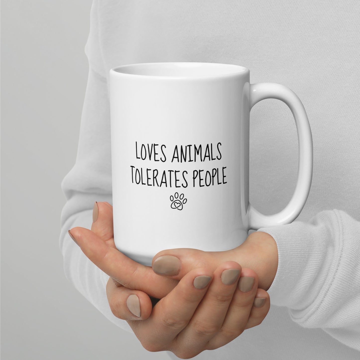 Loves Animals Tolerates People Left-Handed White Mug