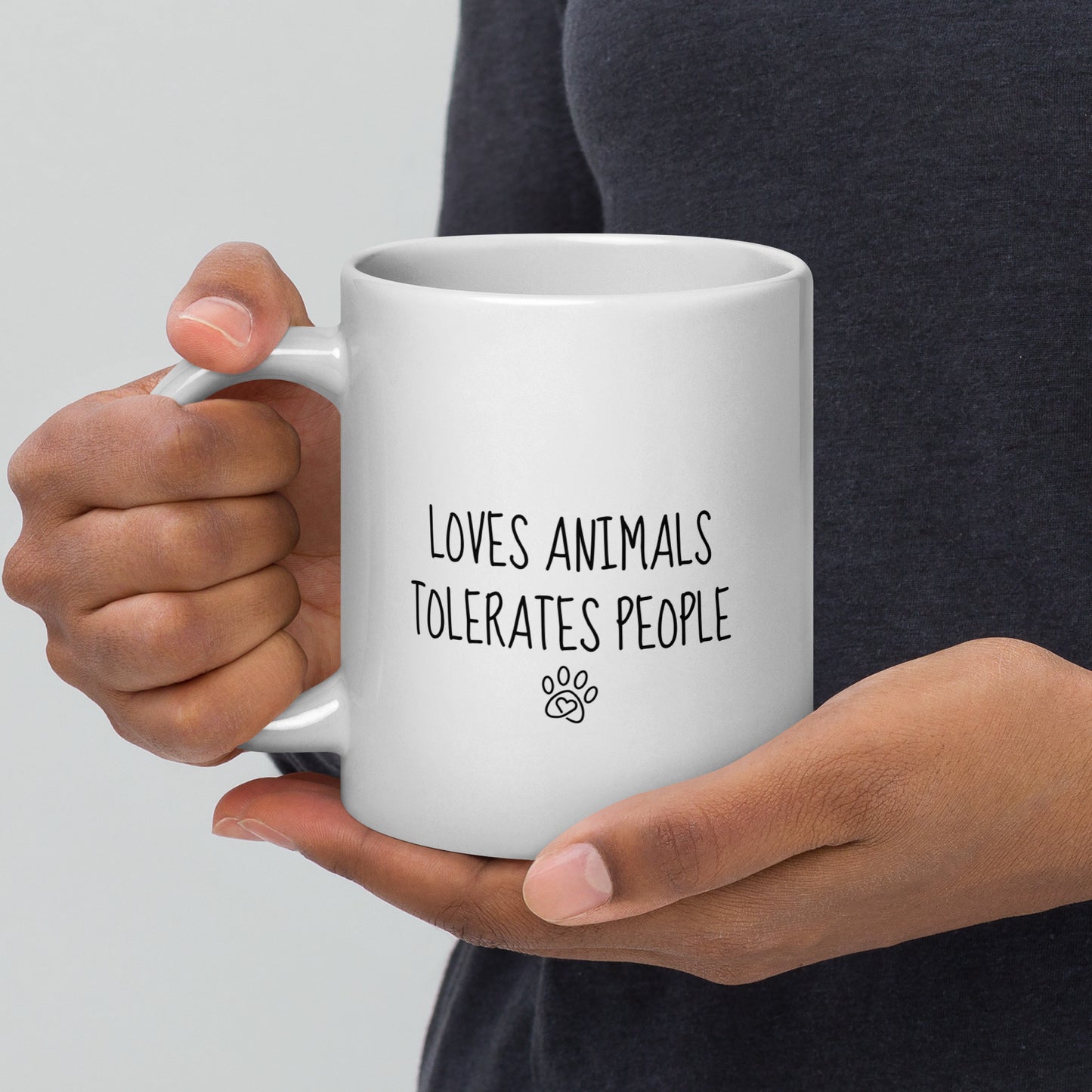 Loves Animals Tolerates People Right-Handed White Mug